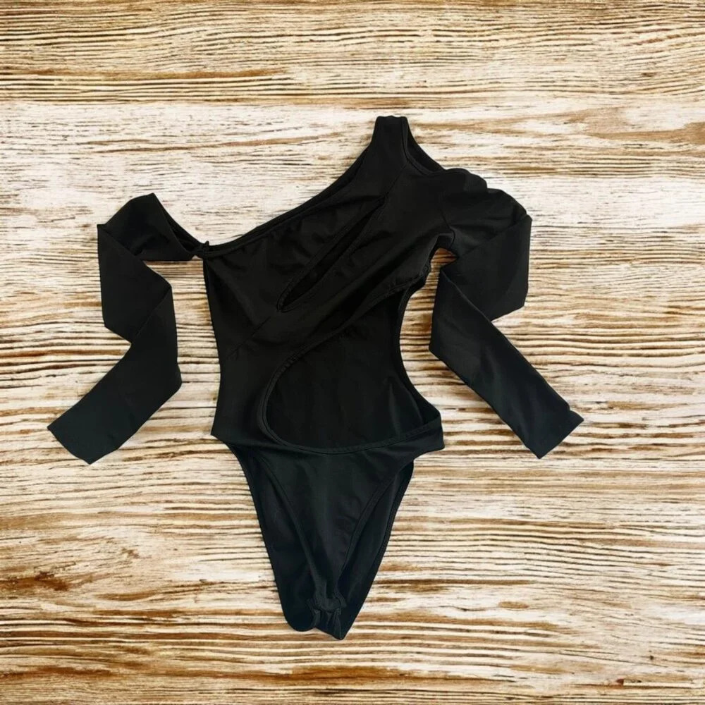 Shein Black Long Sleeve Bodysuit with Side Cutout - Size XS